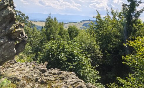 Widok na szczycie Okole w Górach Kaczawskich – panorama Karkonoszy i Rudaw Janowickich w słoneczny dzień.