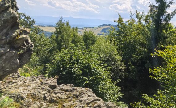 Widok na szczycie Okole w Górach Kaczawskich – panorama Karkonoszy i Rudaw Janowickich w słoneczny dzień.